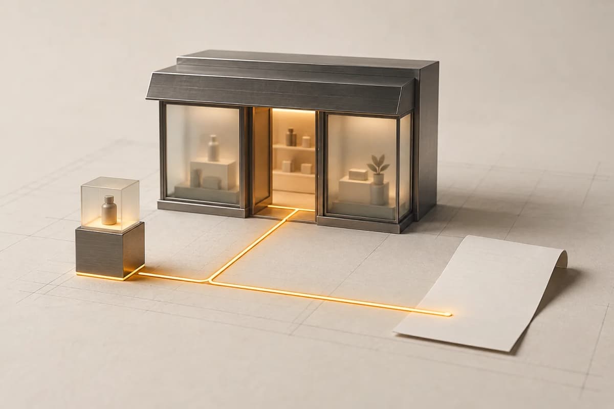 A graphite storefront model with an amber path connecting a product and a blank receipt.